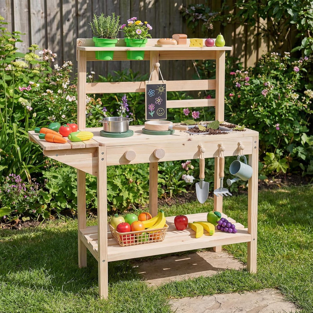 COSTWAY Matschküche Kinder Outdoor, Kinderküche Holz mit Herd, Spüle & Tafel, Spielküche mit Pflanzk