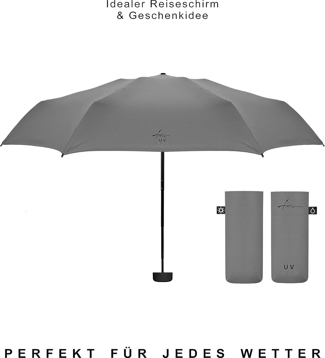 Ambra UV: Regenschirm mit UV-Schutz. Windfester Mini-Taschenschirm für Regen und Sonne. 220 g 18 x 5