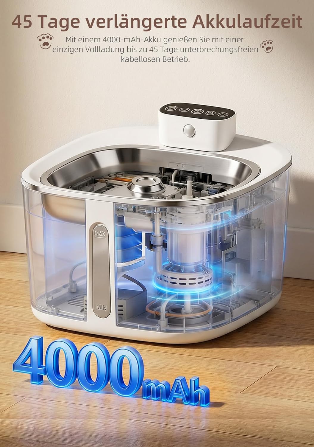 Katzenbrunnen Kabellos mit Bewegungsmelder 3.2L, 4000mAh Akku Trinkbrunnen für Katzen Edelstahl, Ult