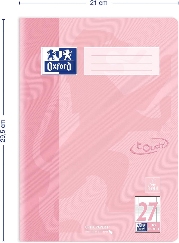 Oxford Schulheft A4 Touch, 16 Blatt, Lineatur 27, liniert, pastell koralle,15 Stück, Lineatur 27
