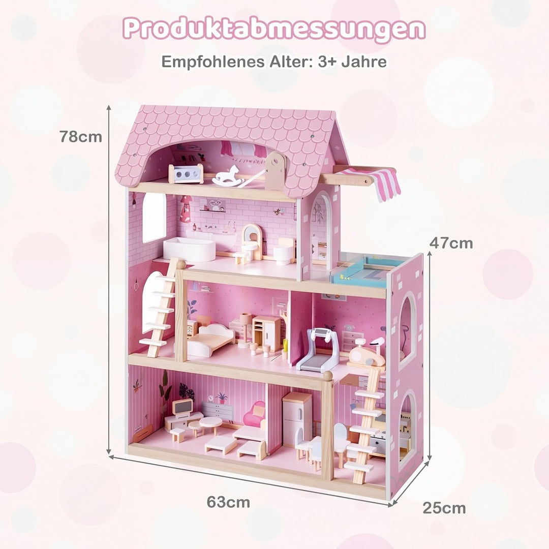 COSTWAY Puppenhaus Holz, Kinder Dollhouse mit 33 Möbelstücken, Puppenstube mit Balkon & Pool, Puppen
