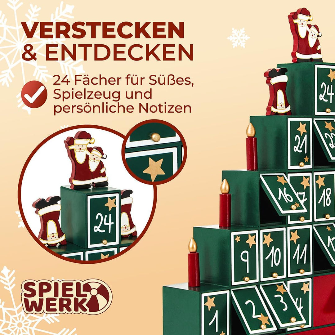 Spielwerk® Wiederverwendbarer Adventskalender Tannenbaum zum Befüllen 24 Türchen Bunt Bemalt Weihnac