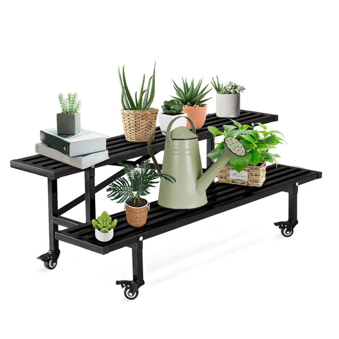 CStern Blumenregal mit Rollen,Metall Blumenständer,2 Etagen Blumentreppe,Schwarz Pflanzenregal,Pflan
