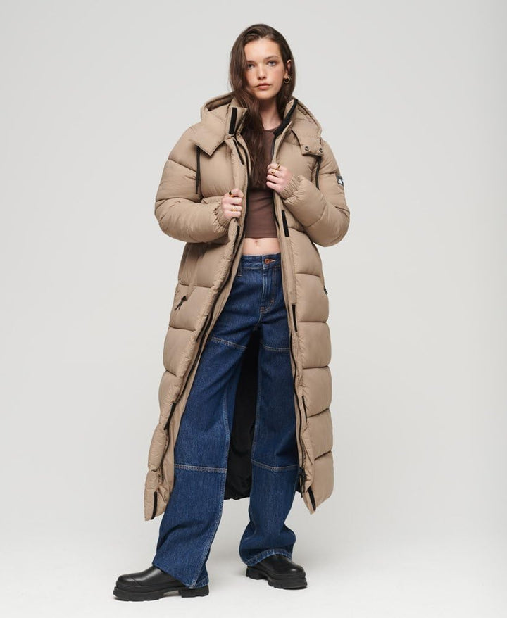 Superdry Damen Langer Ripstop Steppmantel 38 fossil braun raster, 38 fossil braun raster