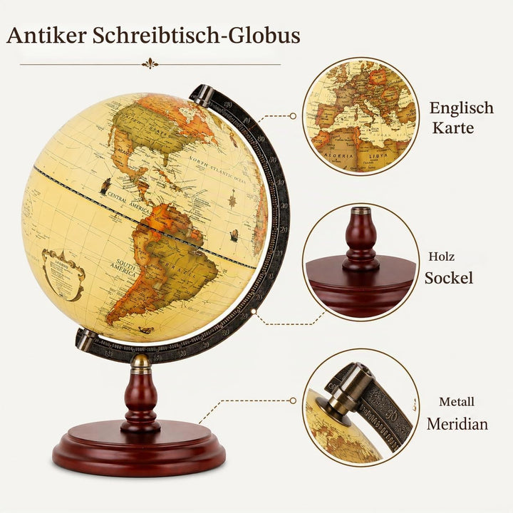 Exerz 25cm Antiker Globus Mit Holzfuss - Englische Karte - Für Kinder Büro Deko - Schülerglobus Mord