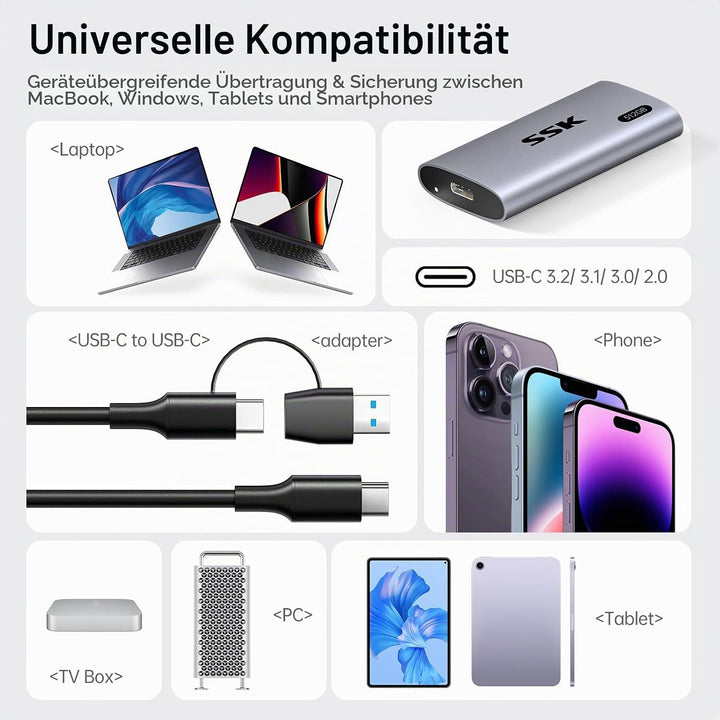 SSK 512GB Externe SSD Festplatte, Portable SSD bis zu 550 MB/s Schnelle External SSD USB 3.2 Gen2 US