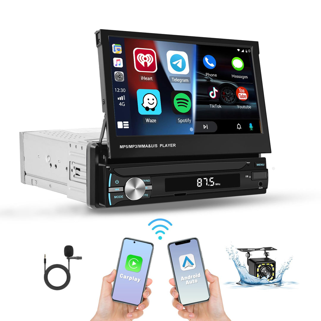Hikity 1 Din Autoradio mit 7 Zoll Manuelle Ausfahrbarem Display Wireless Carplay Touchscreen Autorad