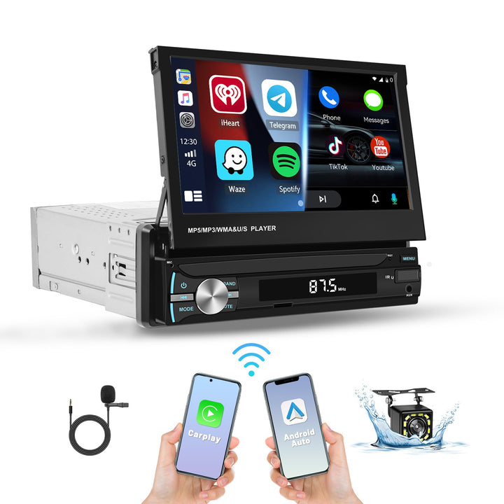 Hikity 1 Din Autoradio mit 7 Zoll Manuelle Ausfahrbarem Display Wireless Carplay Touchscreen Autorad