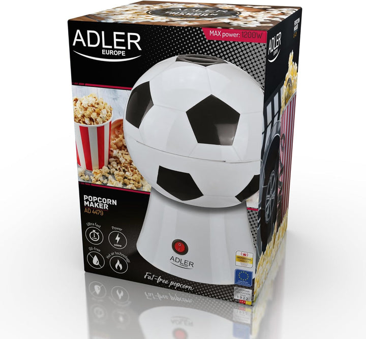 ADLER AD4479 AD 4479 Popcornmaschine aus Mais, Heissluft ohne Öl, Fussballform, elektrisch, 1200 W,