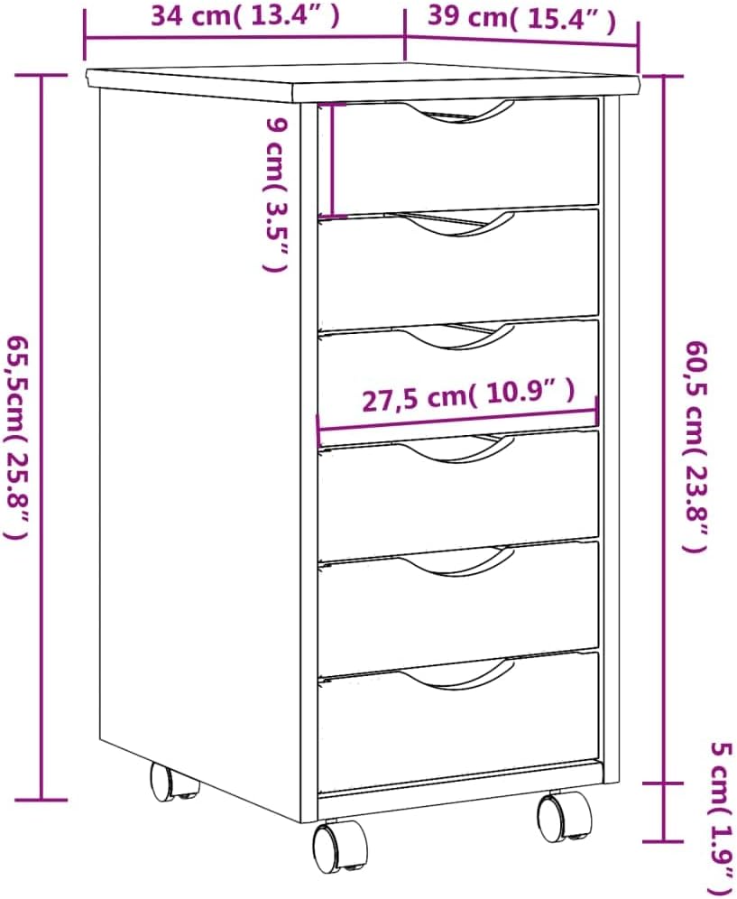 ZEYUAN Rollschrank mit Schubladen Moss Grau Massivholz Kiefer, Rollcontainer, Sideboard, Aktenschran