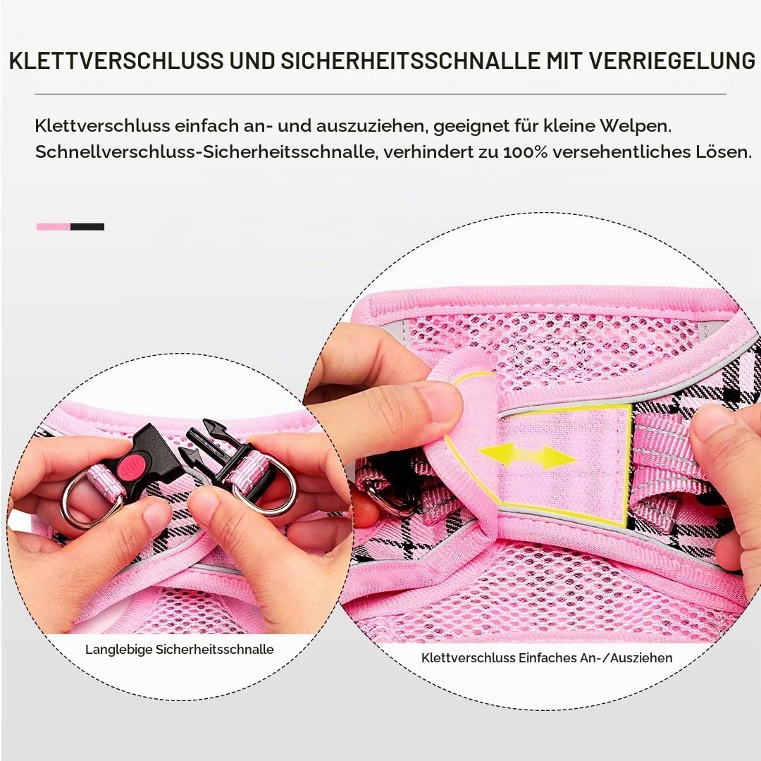 Hundegeschirr Kleine Hunde mit Leine, Anti Zug Geschirr Reflektierend Atmungsaktiv Brustgeschirr, We