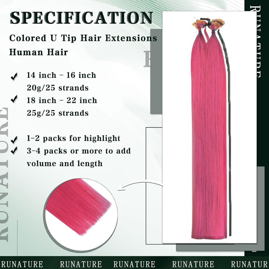 RUNATURE Keratin Haarverlangerung Echthaar Bonding Rosa 50cm Remy U Tip Extensions Echthaar 20 Zoll