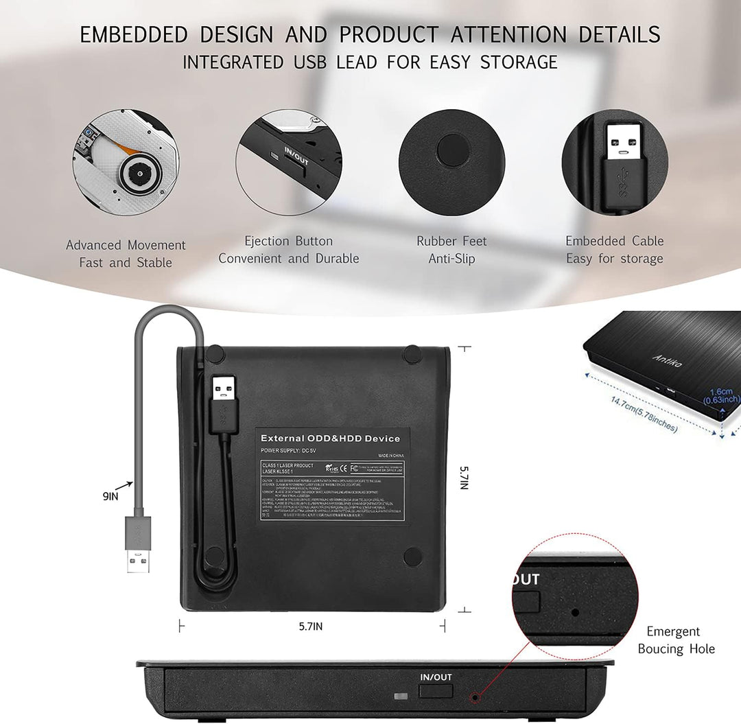 Antika Externer DVD-/CD-Brenner mit externem CD-Laufwerk USB 3.0 DVD +/- RW CD +/- RW tragbares Kart