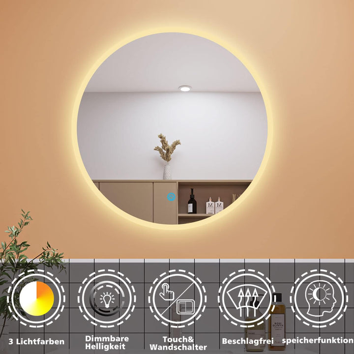 Aica Sanitär Runder LED Badspiegel Rund 80cm 3 Lichfarbe dimmbar Memory Wand/Touchschalter Anti-Besc
