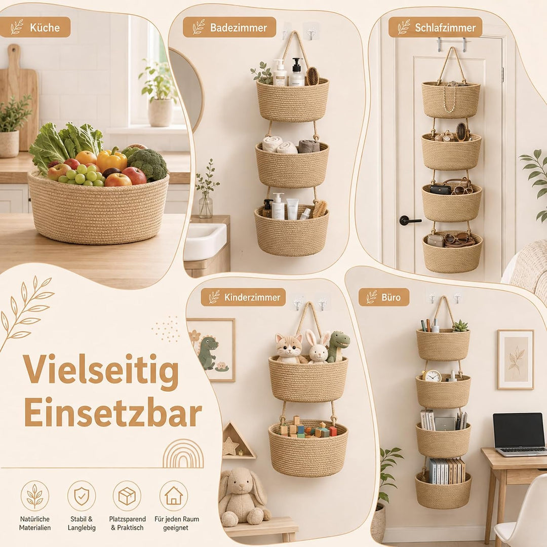 Organizer Wand Hängend Korb, 4-stöckige Baumwollseil Hängeorganizer, Boho Hängekörbe Organizer mit H