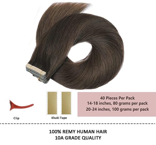 HotLulana Tape In Extensions Echthaar 100% Natural Real Hair Extensions Tape Chestnut Brown Real Hai