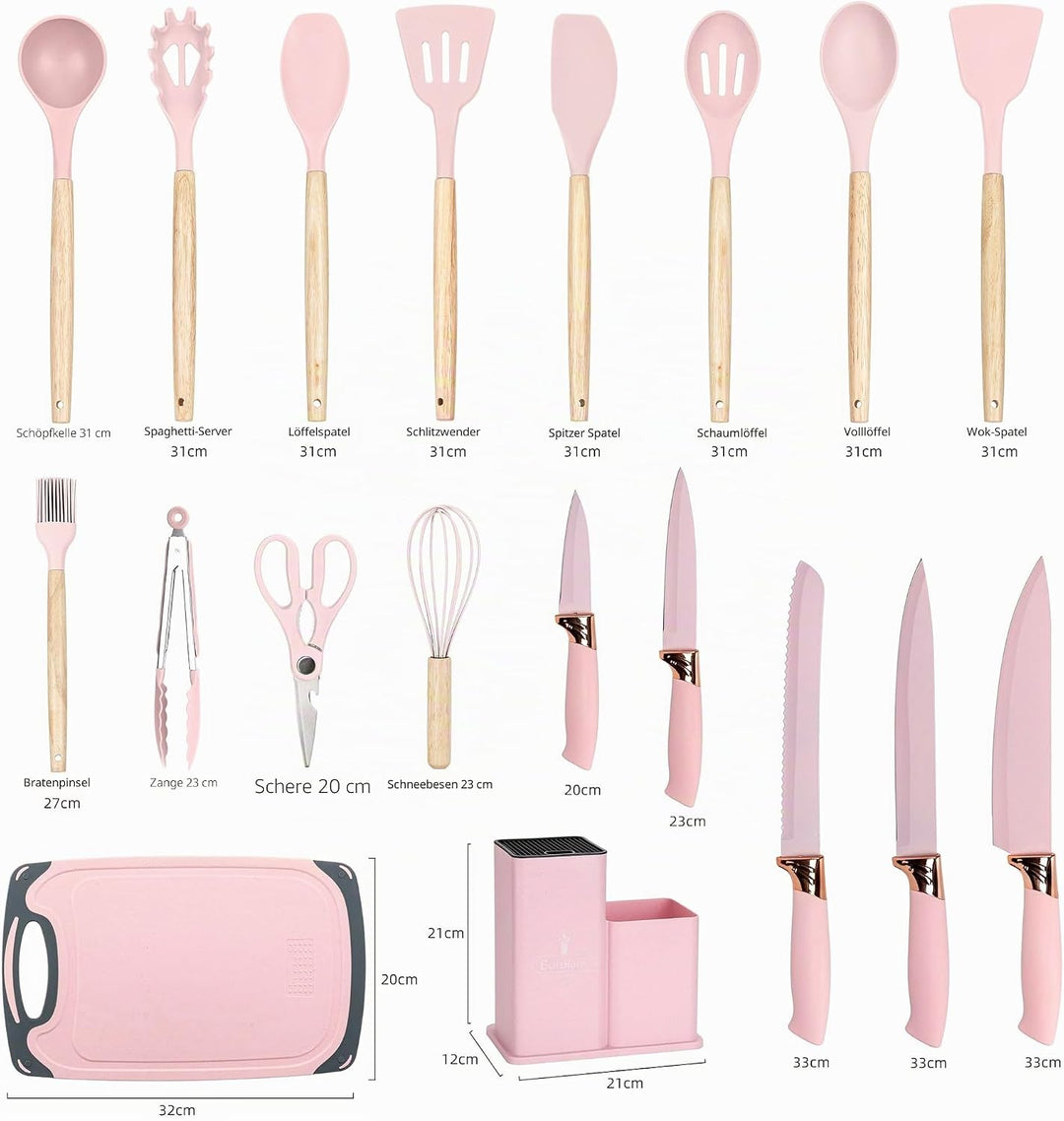 EliteHoff Küchenmesser-Set 19-teilig – Silikon-Küchenutensilien-Set mit Holzgriffen, 5 Messer, 12 Ko