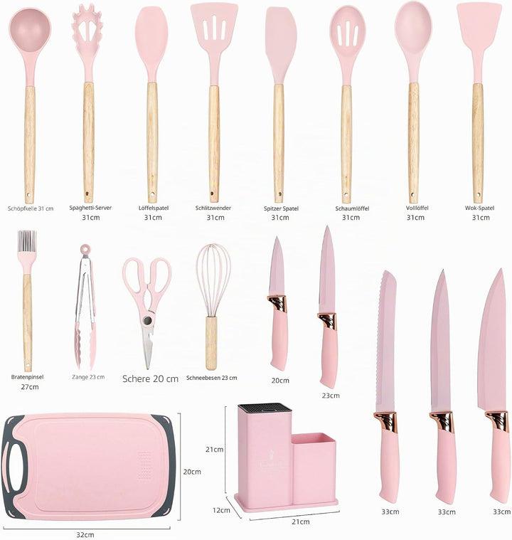 EliteHoff Küchenmesser-Set 19-teilig – Silikon-Küchenutensilien-Set mit Holzgriffen, 5 Messer, 12 Ko