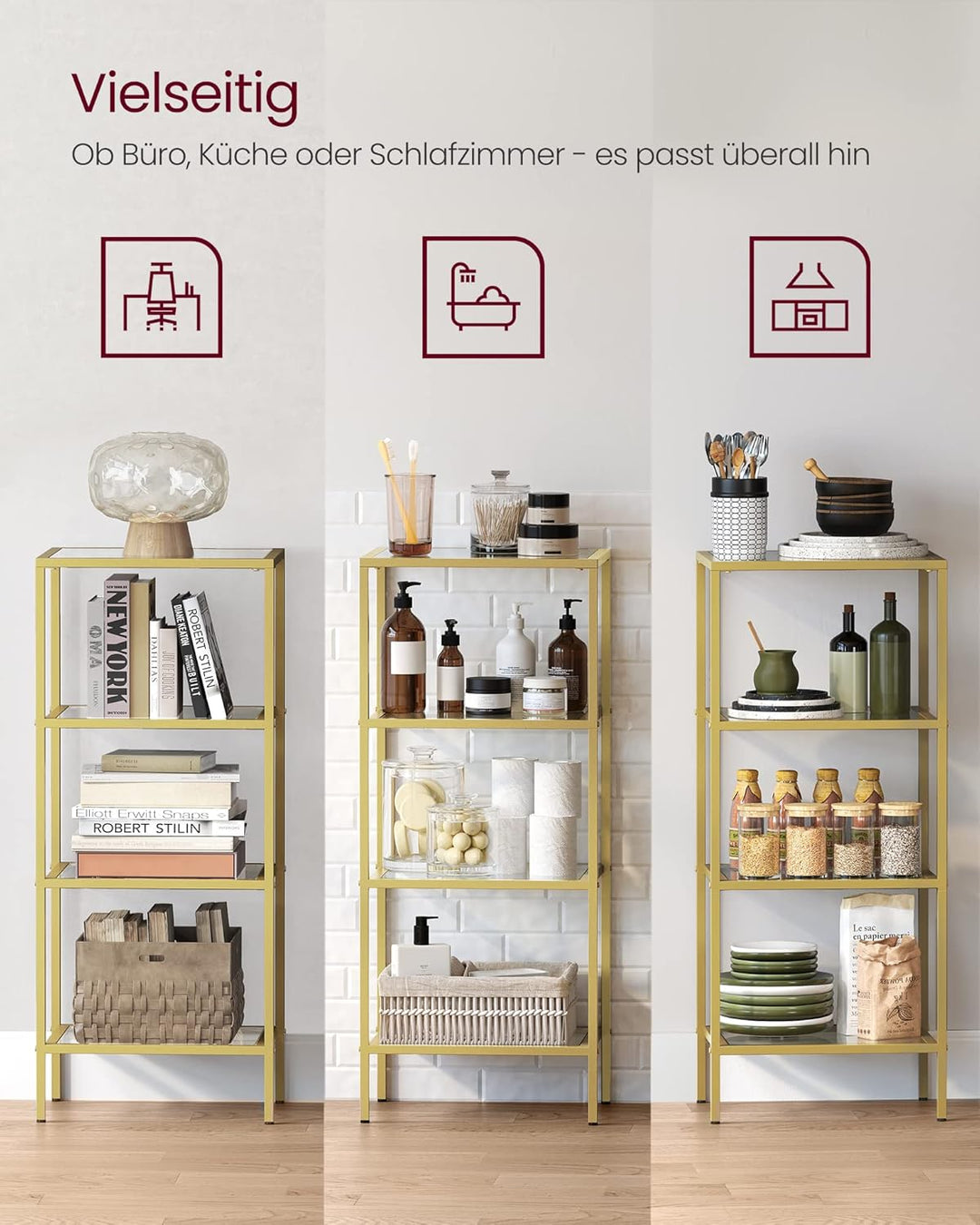VASAGLE Regal mit 4 Ablagen, Badregal, gehärtetes Glas, einfache Montage, für Badezimmer, Wohnzimmer