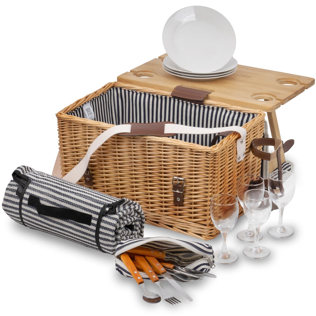 CampFeuer Picknickkorb 4 Personen mit Geschirr-Set und Serviertisch | 25-teilig | Picknickkoffer, We
