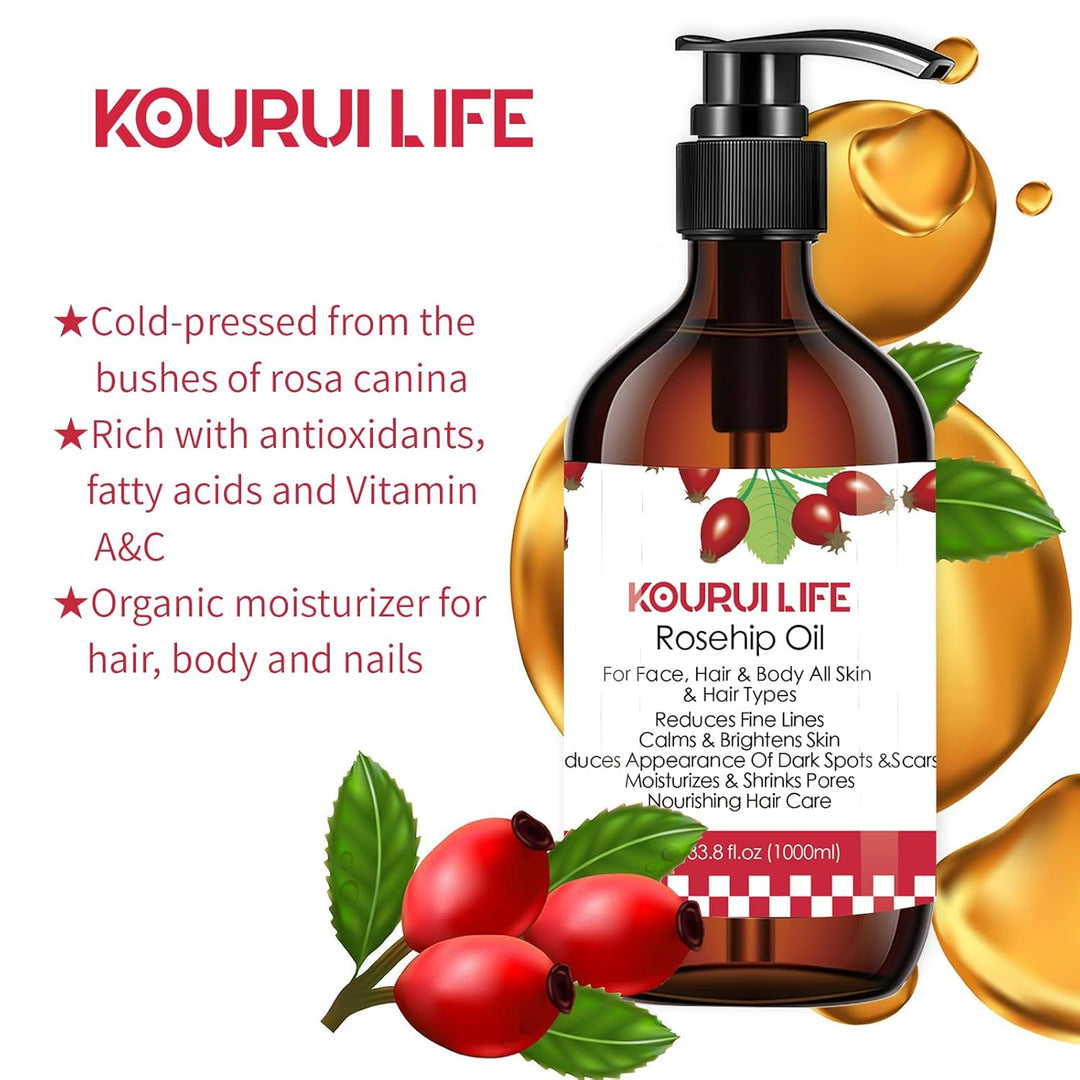 KOURUILIFE Hagebuttenöl 33.8oz(1000ml) 100% Rein Natürlich, Kaltgepresst, Unraffiniert, Vegan - Natu