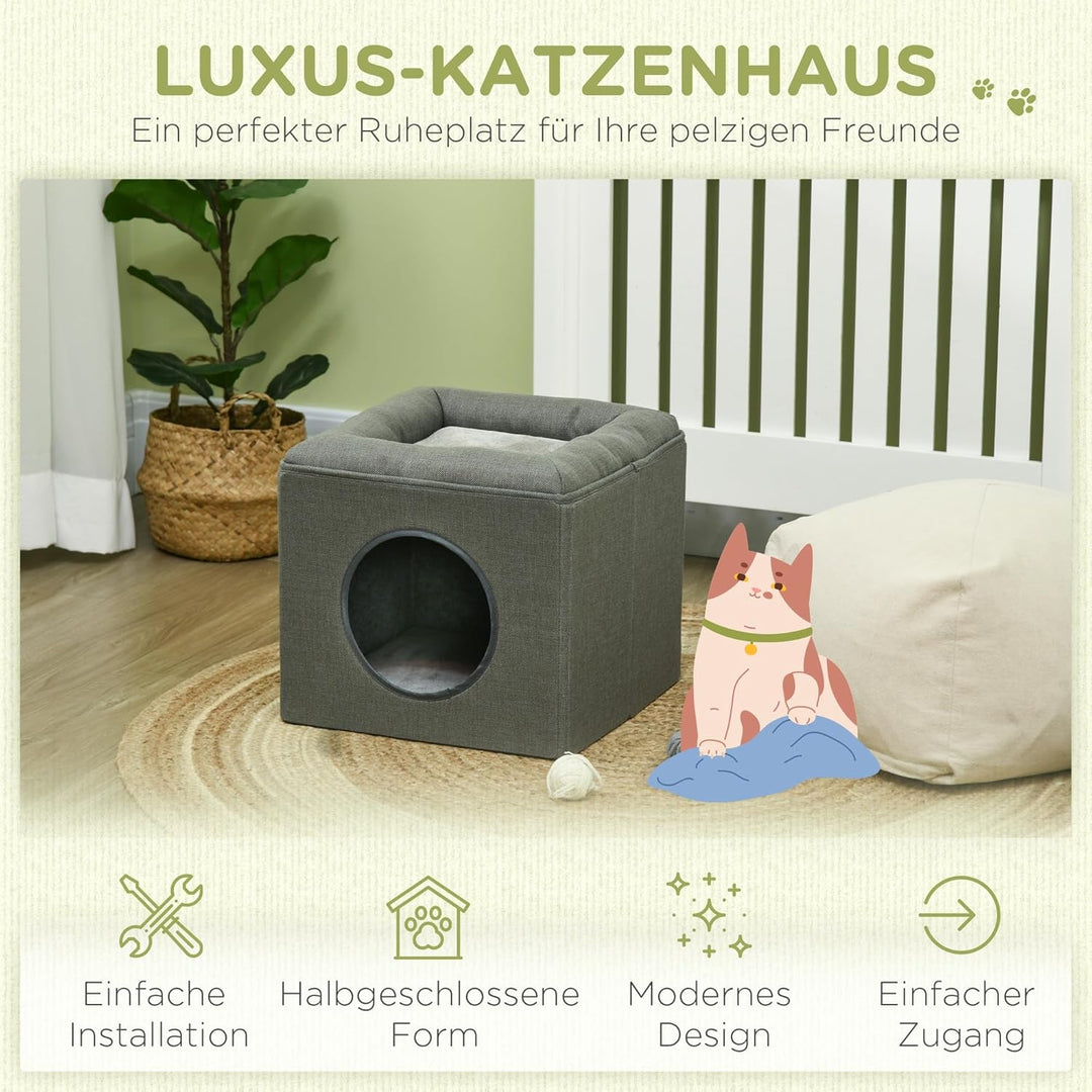 PawHut Katzenhöhle Katzenbett mit waschbarem Kissen, Beobachtungsplattform, Katzenhaus für Katzen bi