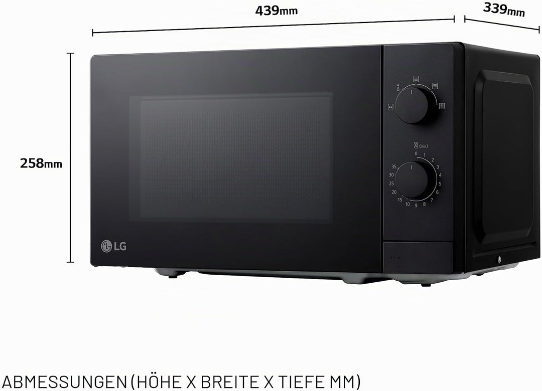 LG MS2082F Mikrowelle, 20 Liter, 700 W, Schwarz, 44,5 x 25,8 x 34,5 cm, mechanische Steuerung, 5 Lei