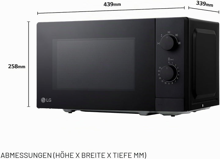 LG MS2082F Mikrowelle, 20 Liter, 700 W, Schwarz, 44,5 x 25,8 x 34,5 cm, mechanische Steuerung, 5 Lei