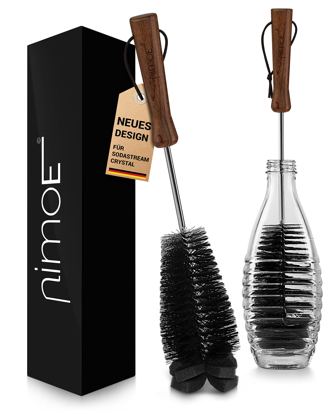 NIMOE® Designbrush - Kein verbiegen durch rostfreien Edelstahlmantel - Premium Flaschenbürste mit hy