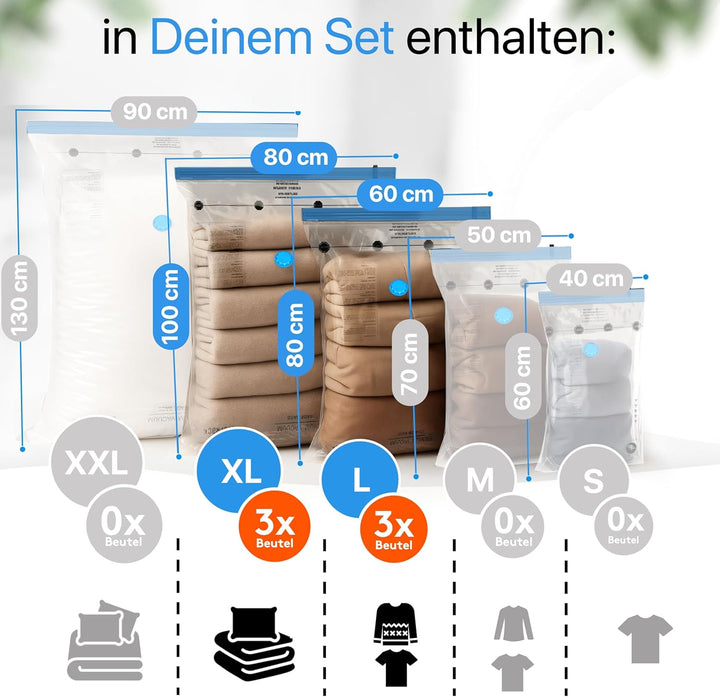 Vakuumbeutel für Kleidung u. Bettdecken [6 Stück] in (3x 60x80 cm / 3x 80x100 cm) - INKL. ETIKETTEN
