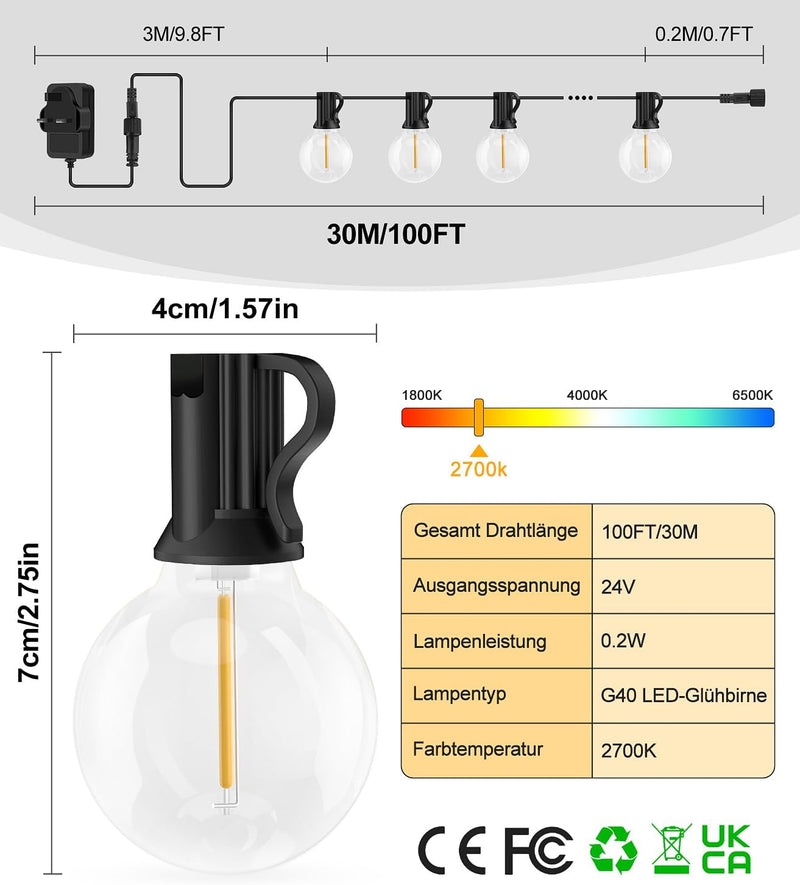 Vanranger Lichterkette LED Aussen Strom Outdoor: 100 Ft 30M G40 Glühbirnen Garten Beleuchtung Balkon