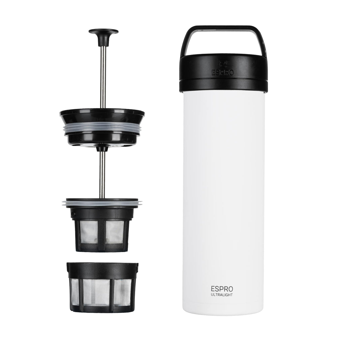 ESPRO P0 Ultralight French Press to go, Edelstahl, 470 ml, Weiss | Vakuumisoliert, auslaufsicher. Fr