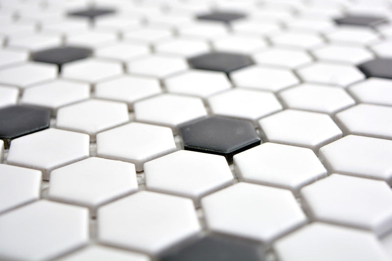 Mosaik Fliesen Mosaikfliesen Keramikmosaik Keramik Kachel Hexagon schwarz weiss matt | 10 Mosaikmatt