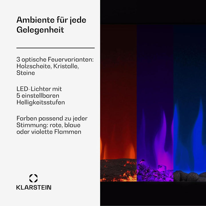 Klarstein Galeras Smart Elektrokamin - 1800 W Heizleistung, Realistische LED-Flammen, App & Fernbedi