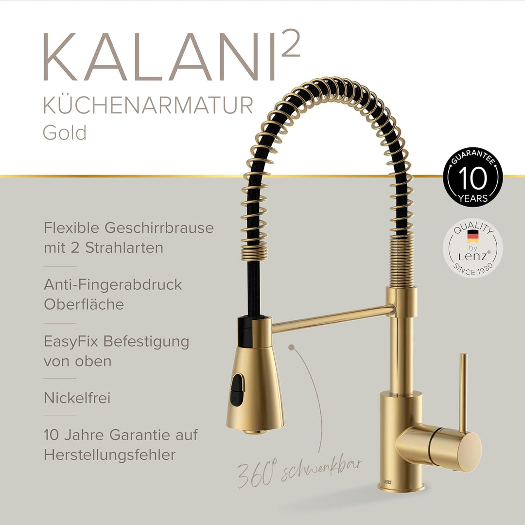 Lenz Küchenarmatur KALANI² in Gold-Optik – Pendelbrause mit 2 Strahlarten & 360° schwenkbarer Bogena