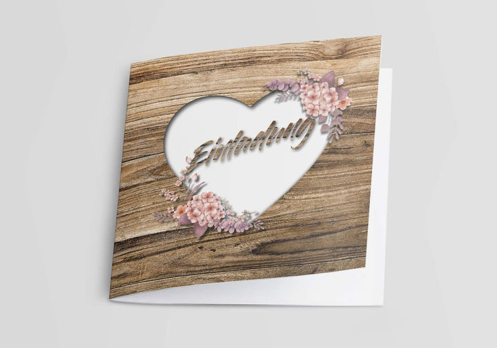 Rustikale Hochzeitskarte – Einladungskarte in Holz-Optik – Vintage Blumen Einladung für deine Hochze