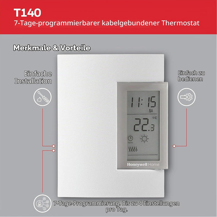 Honeywell Home T140C110AEU T140 7-Day Programmable Wired Thermostat, White, 7-Day Programmable