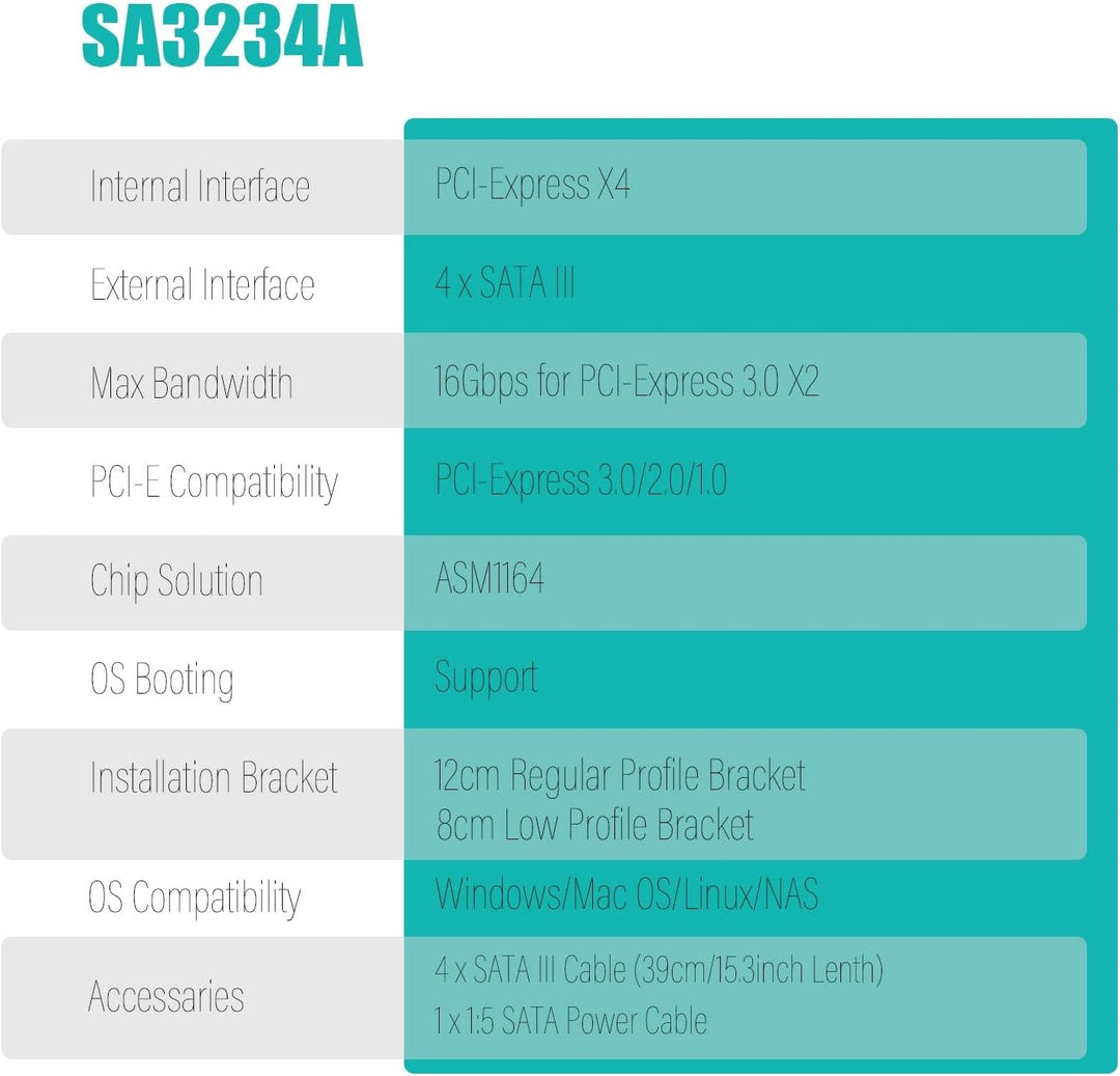 GLOTRENDS SA3234-C 4-Port PCIe X4 SATA Erweiterungskarte mit SATA- und Stromkabeln, kompatibel mit W