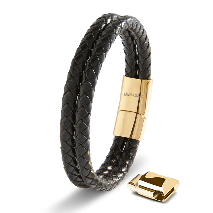 SERASAR Premium Lederarmband für Männer in Schwarz | Magnetverschluss aus Edelstahl in Schwarz, Silb