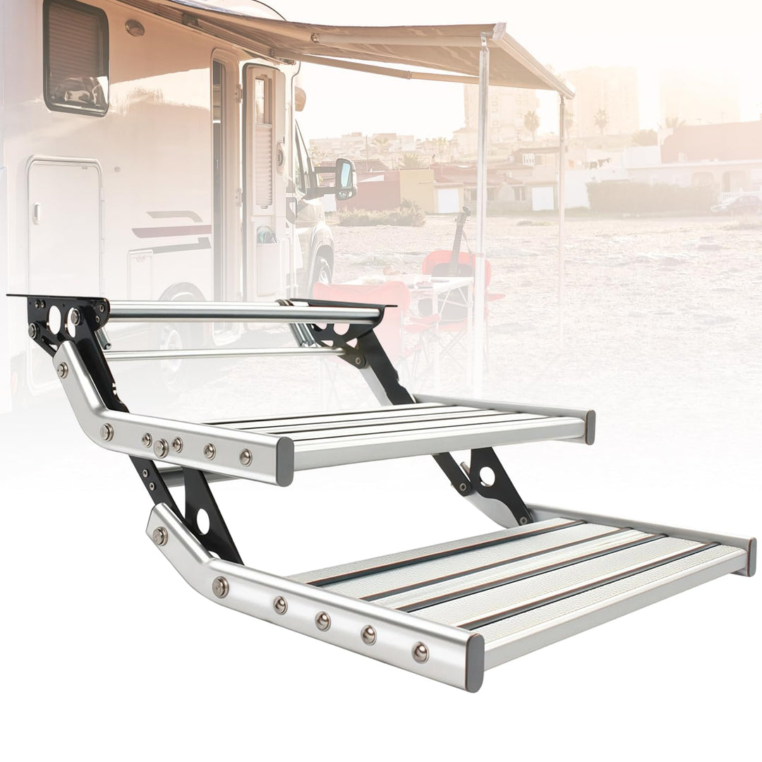 Manuelle Wohnmobil Trittstufen 2-Stufig Einziehbare Wohnmobil Treppe | LED-Licht, Aluminium klappbar