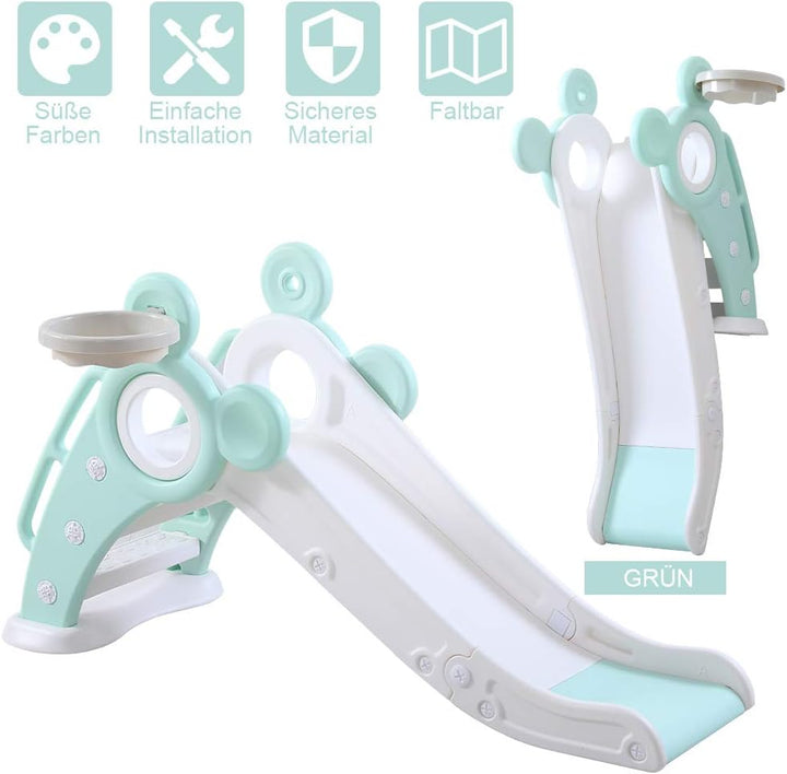 YOLEO Rutsche, Kinder Fun-Slide mit Basketballkorb, Faltbar Kinderrutsche, Gartenrutsche Kleinkinder