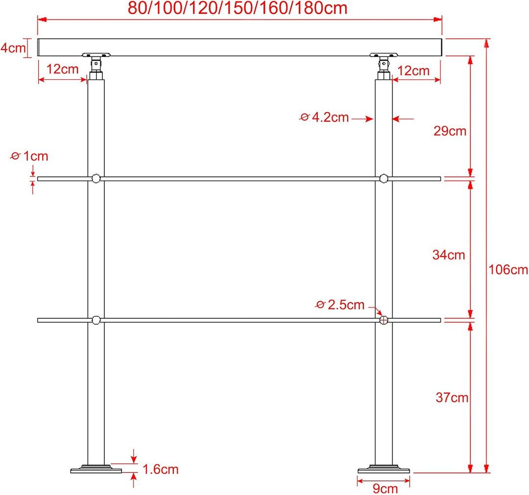 LARS360 100cm Handlauf Geländer Treppengeländer Ø 42 mm Geländerstäben aus Edelstahl 2 Querstreben T