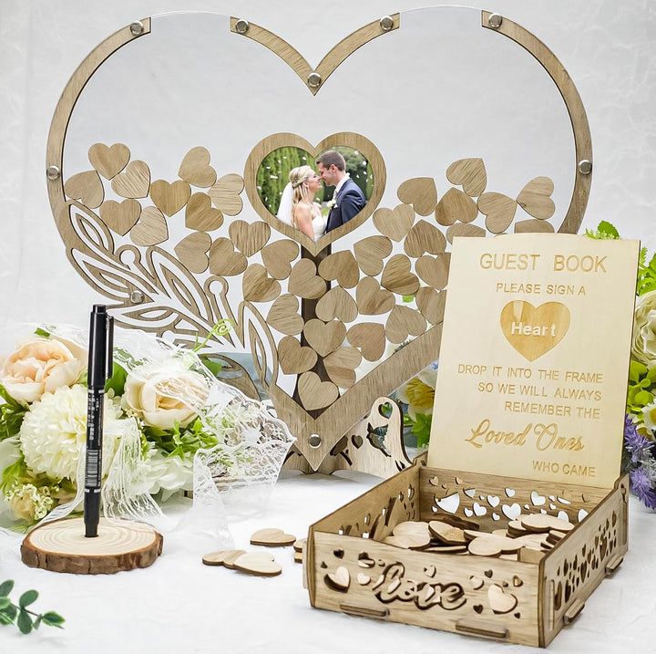 Gästebuch Hochzeit Holz,Gästebuch Hochzeit,Hochzeitsgästebuch mit 100 Holzherzen für Hochzeitsfeiern