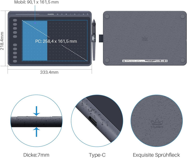 HUION 2020 New HS611 (Space Grey), professionelle Zeichentabletts, batterieloser PW500-Digitalstift,