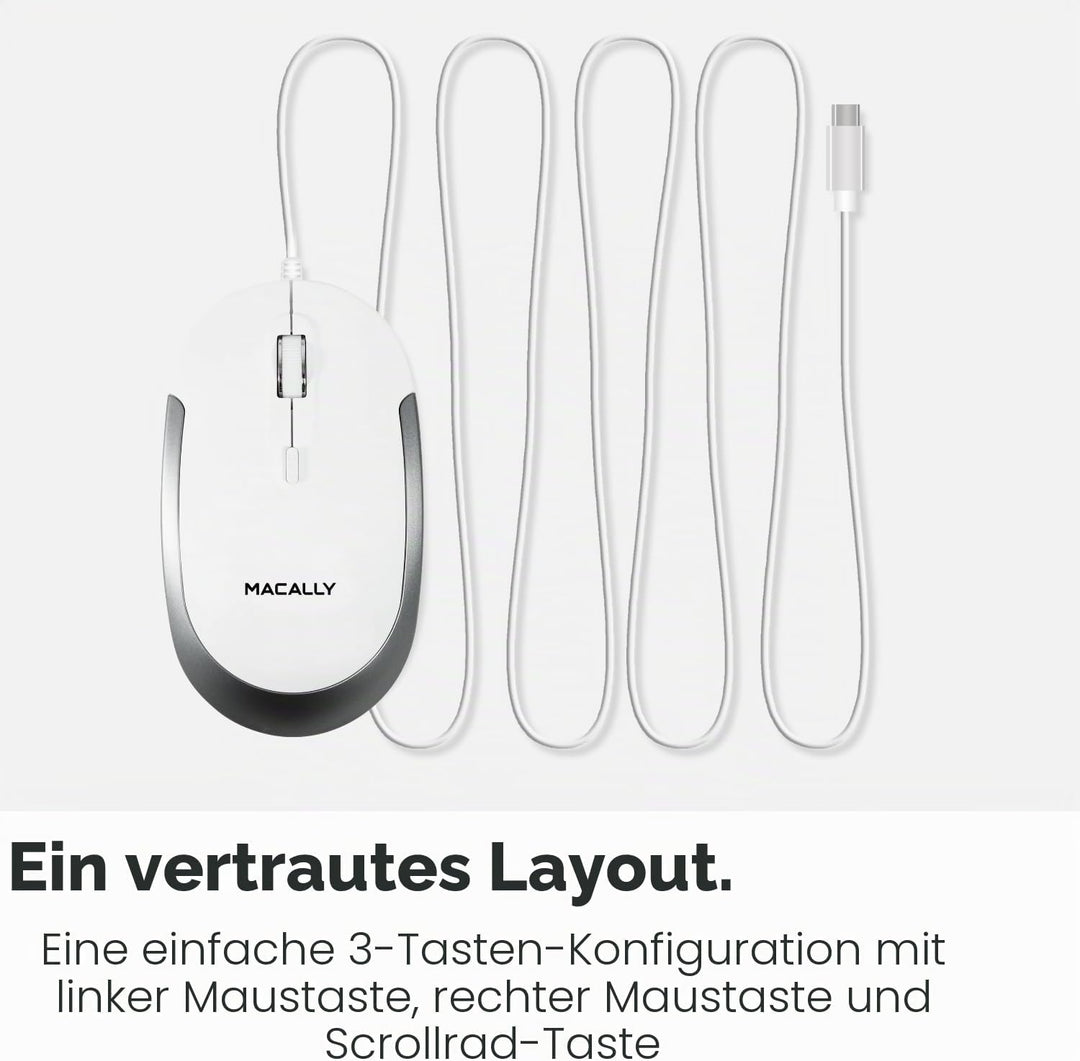 Macally USB-C Maus für Mac & Windows, 3 Tasten und Scrollrad, USB-Typ-C, beidhändiges Design, kompak