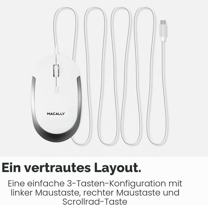 Macally USB-C Maus für Mac & Windows, 3 Tasten und Scrollrad, USB-Typ-C, beidhändiges Design, kompak