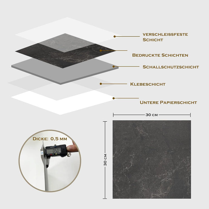 PVC Bodenbelag Selbstklebende Fliesen Schwarz Marmor 30x30 cm, Fliesenoptik Vinylboden Bodenfliesen