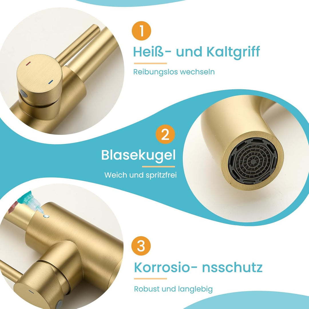 Wasserhahn Bad,Badarmatur/Küche Klein,360°drehbar,Einhebelmischer,Edelstahl Waschbeckenarmatur Gold