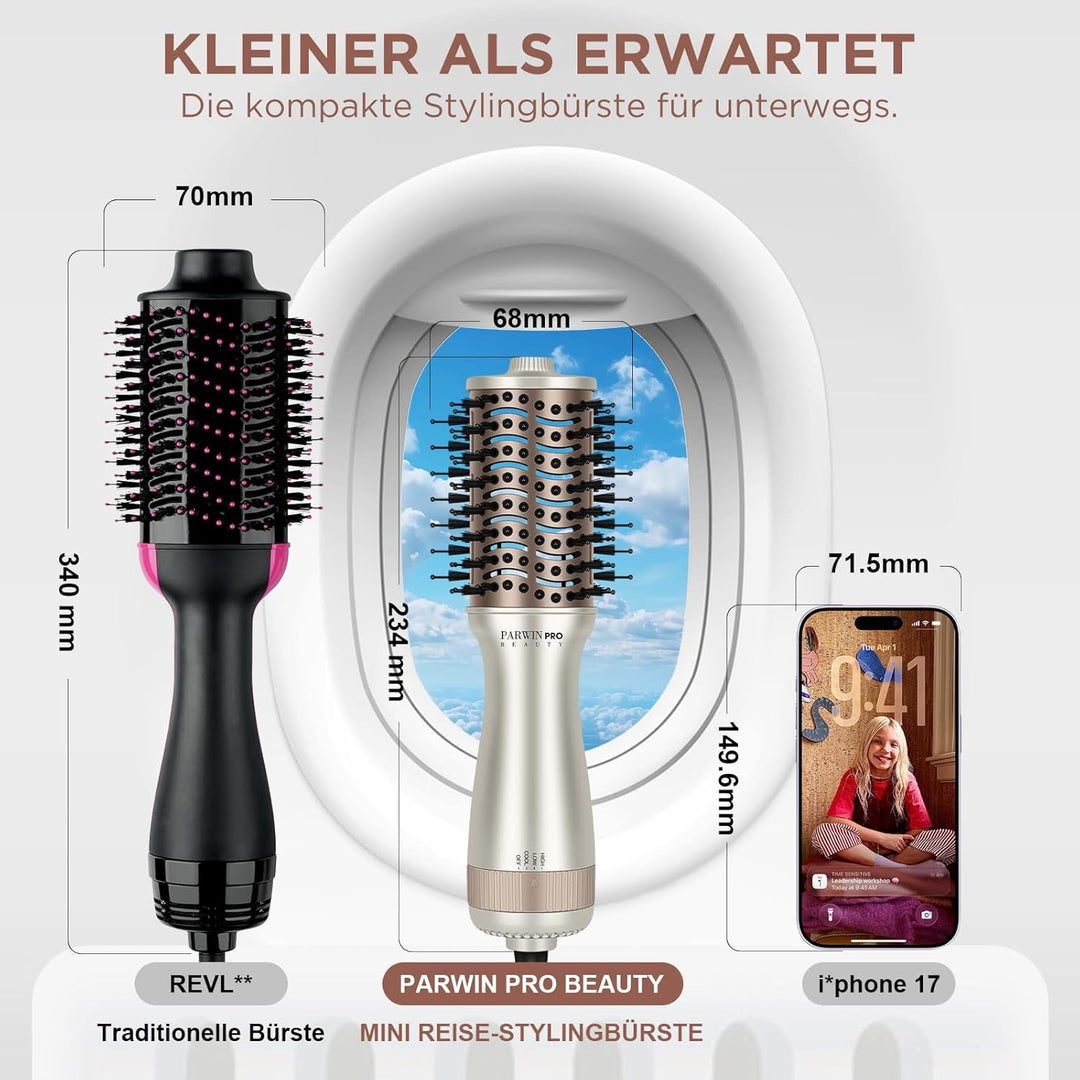 Mini Reise-Warmluftbürste, PARWIN PRO BEAUTY Ovale Föhnbürste mit automatischer Doppelspannung 110–2