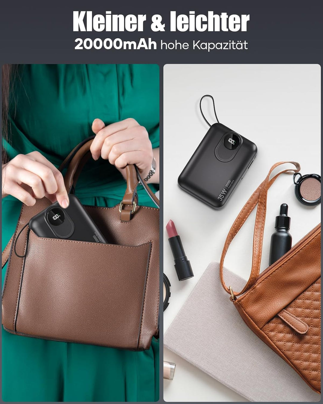 20000mAh Power Bank mit integriertem Kabel: 22.5W Schnell Aufladende Externe Batterie für Handy, USB